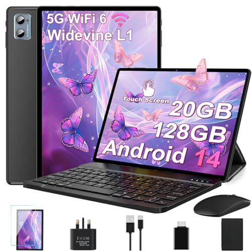 2025 Android 14 10 Inch Tablet with Keyboard and Mouse, 20GB RAM, 128GB ROM, WiFi 6, Widevine L1, 6000mAh, Bluetooth 5.0, Black