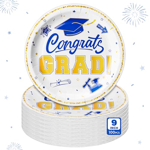 Sabary Blue White Gold 100 Pcs 2026 Graduation Paper Dessert Plates Bulk 9 Inch Graduation Party Supplies Plates Class of 2026 Decorations Congrats Grad Plate Disposable Tableware (Classic)