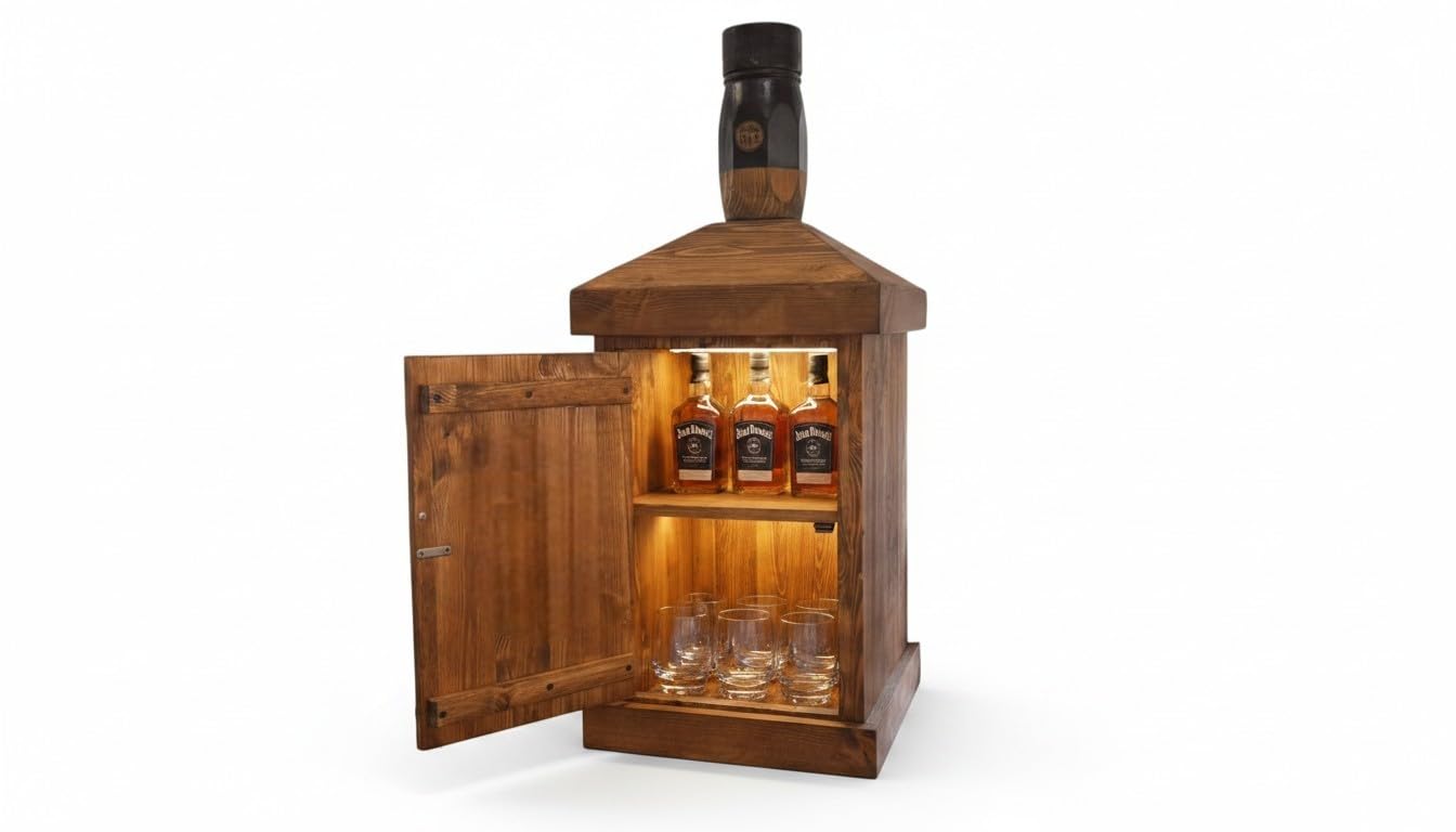 weeco Barschrank aus massivem Kiefernholz, Whiskyflaschen-Design, Braun, Rustikal, mit LED-Beleuchtung, Hausbar, 110 × 50 × 50 cm