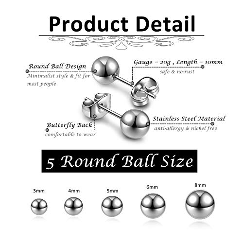 AllerPierce Hypoallergenic Ball Earrings Studs Set Stainless Steel Round Ball Studs Earrings Cartilage Earrings for Women Men 3mm-8mm（10Pcs）2