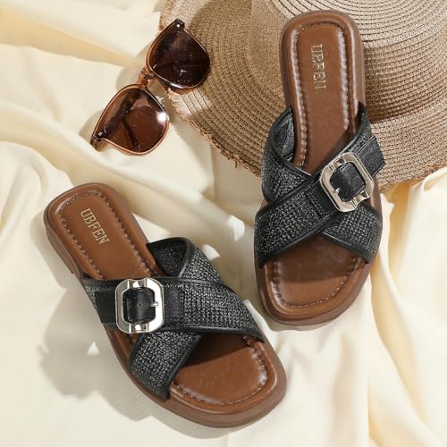 Image of UBFEN Womens Square Toe Flat Sandals Slides Dressy Comfortable for Beach