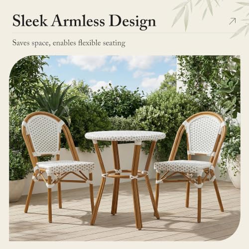 Image of PURPLE LEAF Outdoor Dining Chair Set of 4 Patio French Aluminium Frame in Bamboo Finish with White & Gray Woven Rattan for Indoor Kitchen Deck Bistros Cafe Restaurant