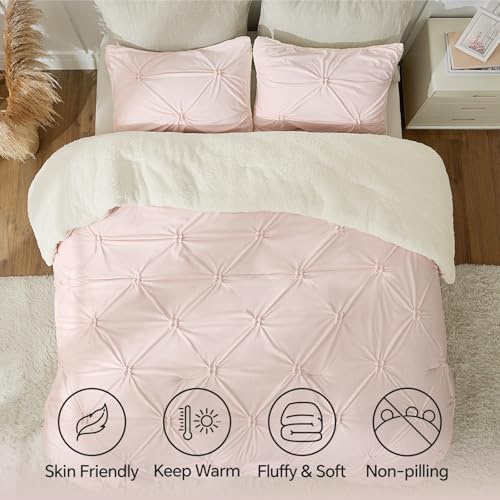 Image of BEDELITE Fluffy Sherpa King Comforter Set,Pintuck-Pink | Super Soft & Warm Fleece Bedding, Luxury Fuzzy Comforter for Winter, Heavy Plush Bedding Set,2 Pillowcases
