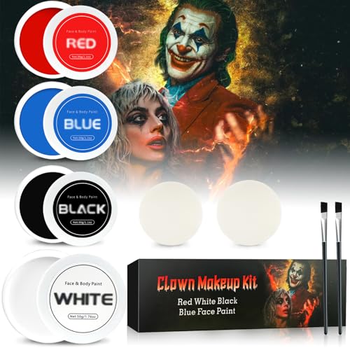 Kit de maquillage clown d'Halloween : maquillage noir blanc rouge visage bleu peinture du corps - kit de peinture professionnelle pour le visage de peinture...