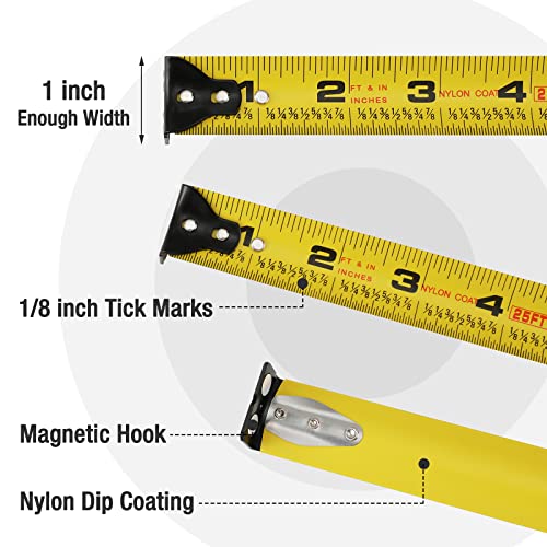 Image of WORKPRO 25FT Tape Measure, 1 /8 Fractions Easy Read Measuring Tape, Retractable Nylon Coating Measurement Tape Accuracy 1 /32, Magnetic Hook, Belt Clip, Rubber Protective Casing (Pack of 3)