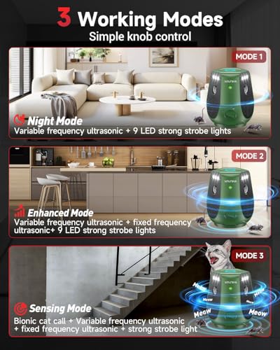 Image of Mouse Repellent Ultrasonic Plug in, 360 Ultrasonic Rodent Repellent with PIR Sensor & LED Strobe Light, 3 Modes Mice Repellent for Indoor, Electronic Pest Control Devices for Spider, Cockroach, Ant