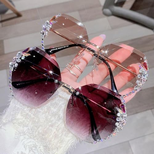 2025 Woman Rimless Diamonds Sunglasses, Polygonal Sunglasses UV Protection Cutting Lens Sunglasses for Beach Summer (Gray+Pink)4