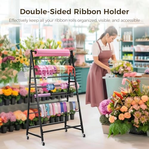 Image of BATTIPAW 15-Tier Ribbon Holder, Double-Sided Ribbon Organizer, Movable Ribbon Storage Shelf with Wheels, Large Capacity Freestanding Wrapping Ribbon Rack for Craft Room, Flower Store