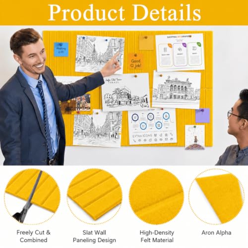 Image of QUIET CANVAS Acoustic Wall Slat Pinboard, 1x1ft, Pack 6, 50 PushPins Yellow