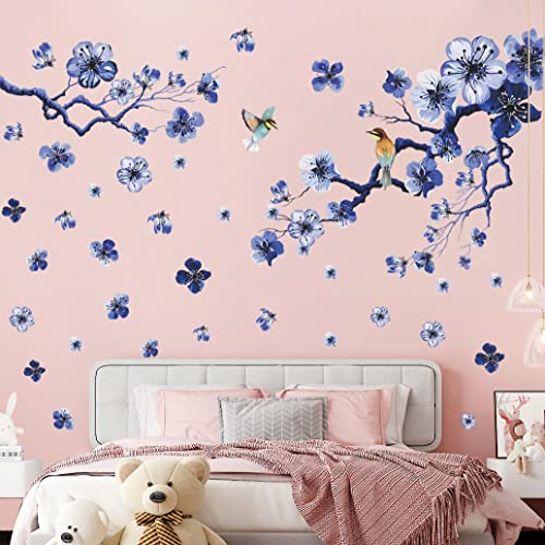 3D Blue Plum Blossom Wall Decals Peach Flowers Blossom Tree Branches Wall Stickers DIY Removable Chinese Style Floral Birds Petals Wall Decor for Bedroom Living Room Office Home Decoration DT-4989