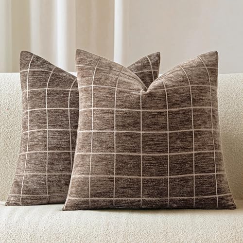 Aesthaboho Decorative Chenille Plaid Throw Pillow Covers 22x22 Inch Set
