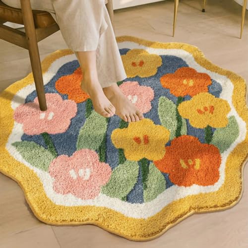 Aldopein Boho Floral Round Bath Mat 2Ft Non Slip Washable Cute Colorful Flower Daisy Bathroom Rug Water Absorbent thumb #2