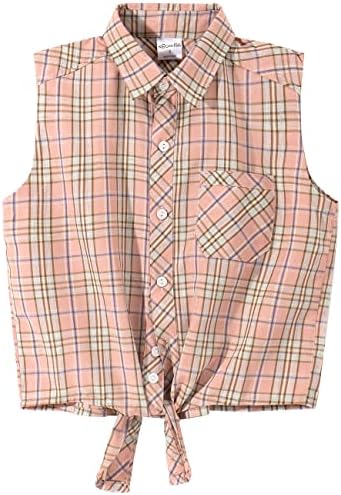 Noomelfish Girls Sleeveless Plaid Button Down Shirt Tie Knot Blouse Tank Tops, Pink Plaid, Size 7-8 Years