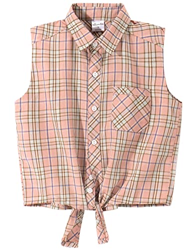 Noomelfish Girls Sleeveless Plaid Button Down Shirt Tie Knot Blouse Tank Tops, Pink Plaid, Size 7-8 Years #TOP1