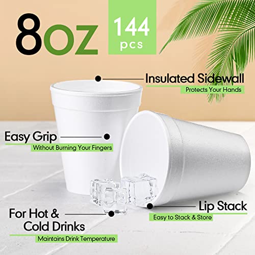 144 Pcs 8 Oz Foam Cups Insulated Foam Cup White Disposable Cups To Go Cups Drinking Cups For Hot And Cold Beverages Drinks Coffee Tea Cocoa Soup Broth Smoothie Soda Juice Party Picnic Bbq Travel #TOP1