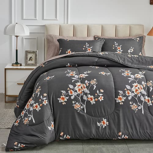 7 Pieces Bed In A Bag Queen Comforter Set With Sheets, Dark Grey Floral Design Soft Microfiber Bedding Sets For All Season (1 Comforter, 2 Pillow Shams, 1 Flat Sheet, 1 Fitted Sheet, 2 Pillowcases) #TOP1