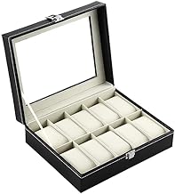 Veloxi EXIM Watch Box Organizer Pillow Case 10 Slot Display Cases with Framed Glass Lid Elegant Contrast Stitching Sturdy and Secure Lock for Men and Women Watch and Jewelry Large Holder Boxes