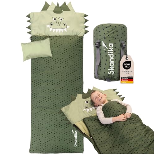 Skandika Kinderschlafsack Soti | Camping Schlafsack für Kinder bis 150 cm buntes Design mit Tiermotiv Kopfkissen Baumwolle maschinenwaschbar atmungsaktiv | Kinderschlafsäcke Deckenschlafsack