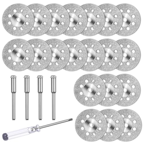 20 Pcs 22 mm Mini Disque Diamant à Tronçonner pour Dremel Accessoires, Disques de coupe diamantés pour Découpe Verre Carrelage, avec 4 mandrins