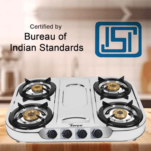 Image of GOLDEN SURYA Premium Stainless Steel | 4 Brass Burner | ISI Certified | 1 Year Warranty | Manual Ignition | PNG 4 Burner Gas Stove - Magma