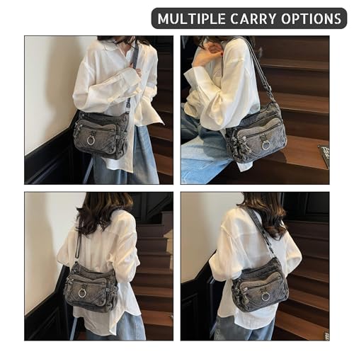 Retro Denim Crossbody Bag for Women, Lightweight Multi-Pocket Tote, Adjustable Strap Metal Zipper Purse3