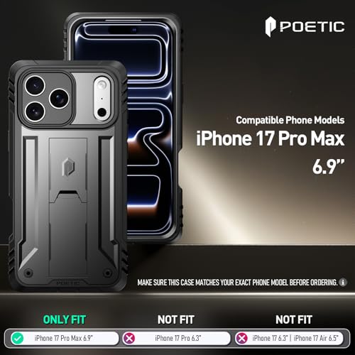 Image of Poetic for iPhone 17 Pro Max Case with Camera Control Capture Button, [Built-in Stand] [Built-in Screen Protector] Full-Body Military Grade Rugged Phone Case for iPhone 17 Pro Max, Black