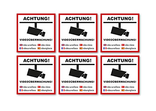 Premium Aufkleber 6 Stück Bereich ist Videoüberwacht Mehrsprachig 5 x 5 cm Alarm Videoüberwachung Hinweis Witterungs- und UV-Beständig