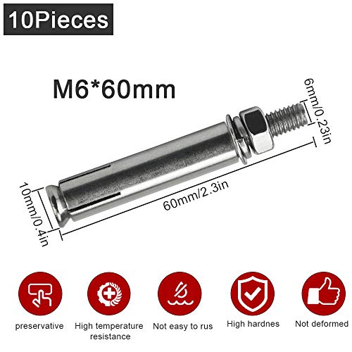 DURANTEY 10 Stück Dehnschraube M6 304 Edelstahl Schwerlastdübel M6X60mm Bolzenanker Schwerlastanker Werkzeuge Expansion Schraube Bolzen Hardware Ankerschrauben Keilanker für Wandbau, Gebäude, Möbeln