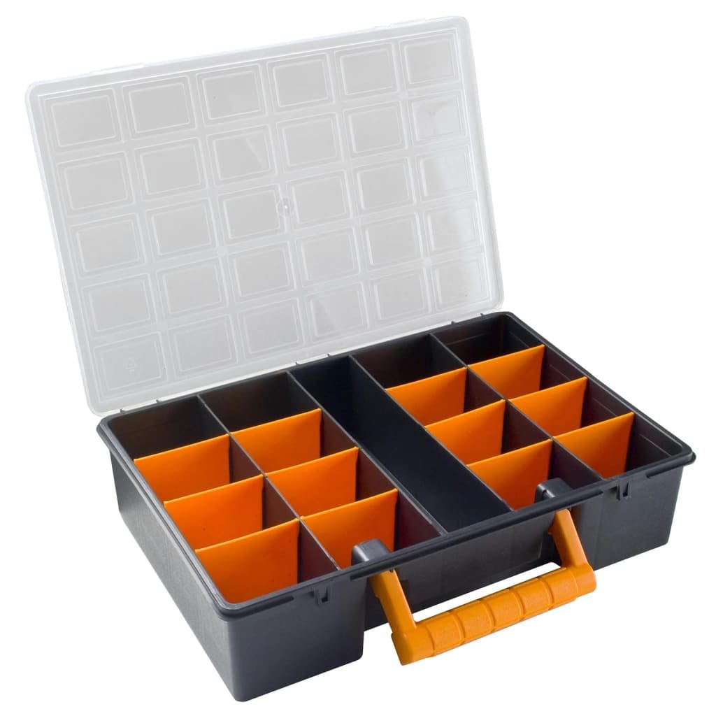 Juego de 2 maletas de polipropileno con divisores extraíbles, 360 x 250 x 85 mm, tapa transparente, caja de herramientas organizador para tornillos y clavos, 17 compartimentos