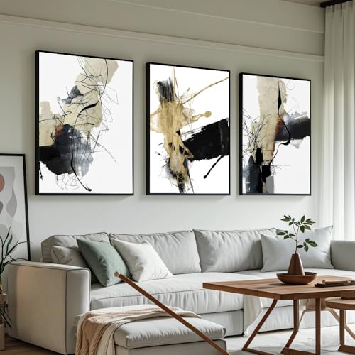 VARUFLY Abstract Framed Canvas Wall Art Prints, Black Gold and