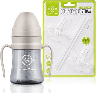 GROSMIMI PPSU Spill Proof Magic Sippy Cup 6 oz Beige + Replacements Straw kit 2-counts, Stage 2