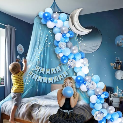 Image of Shimmers Blue Silver Birthday Decoration Kit Set of 74 - Balloon Arch with Happy Birthday Banner, Moon Foil Balloon, Net Curtains, Confetti Balloons & Lights for Party Backdrop Decor