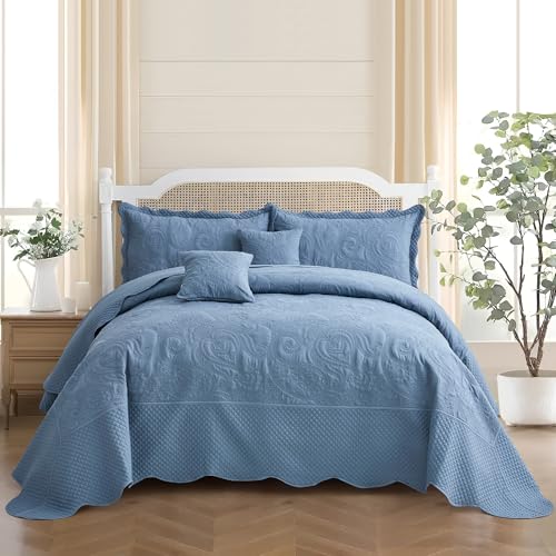 Image of Oversized King Bedspread, Stitched Paisley Quilt Set King /Cal King, Lightweight Reversible Coverlet, Scalloped Edge - Soft Modern Classic Look, 5 Piece, Smokey Blue