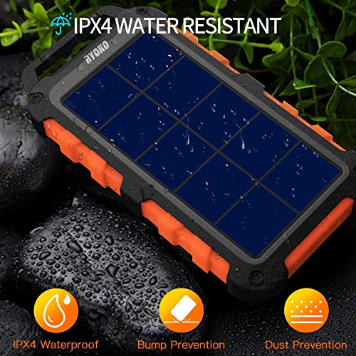 Solar Charger, Ryoko Portable Solar Phone Charger, 20000mAh Solar Power Bank External Battery Backup for Outdoor Camping Gear Equipment Survival Kit, Compatible for Phone, IPX4 Waterproof