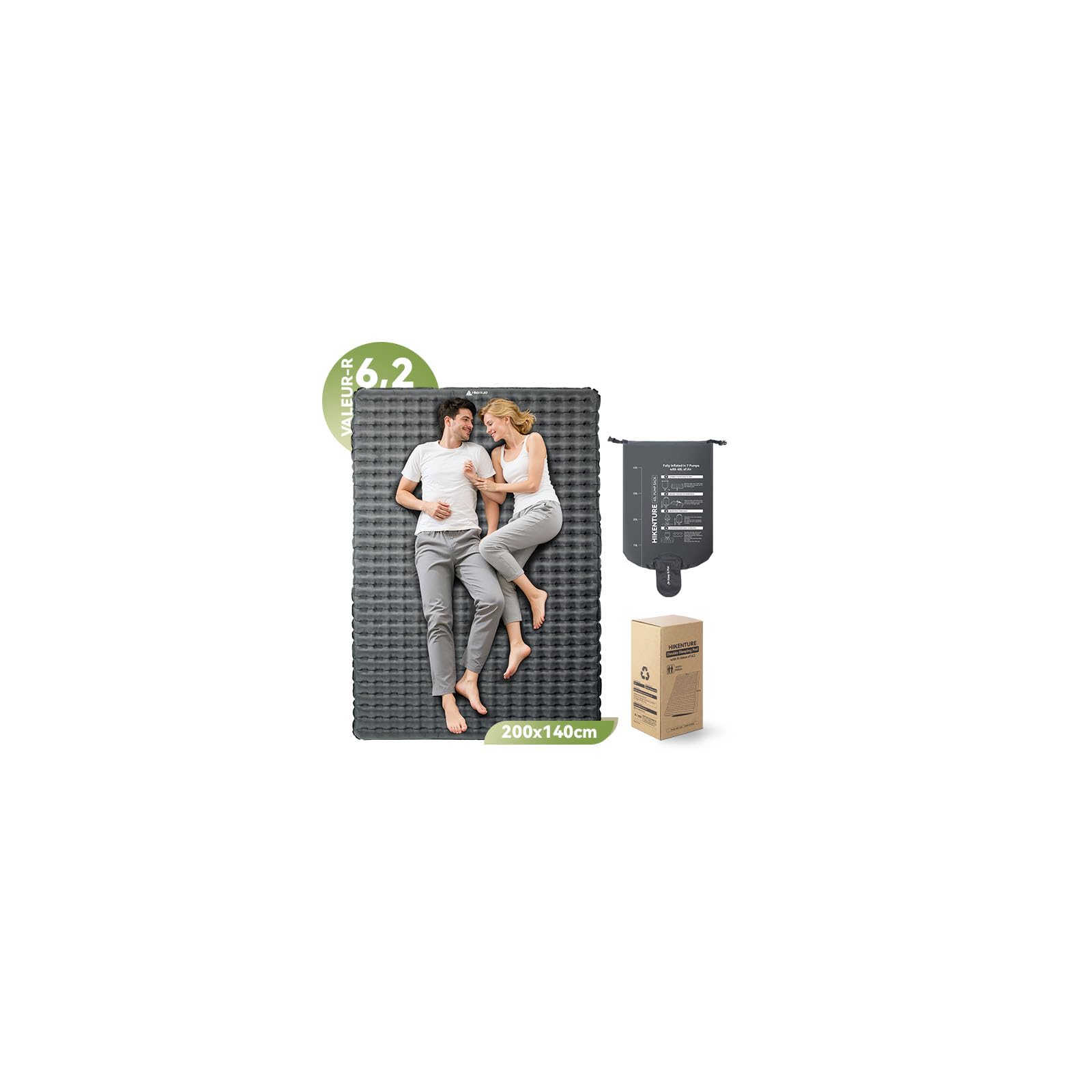HIKENTURE Valeur-R 6.2 Matelas Camping Gonflable pour 2 Personnes, 140 x 200 cm - 8 cm Isolant 4 Saisons - Matelas Autogonflant 2 Personnes avec Sac de Pompe - Camping, Trekking, Randonnée, Bivouac