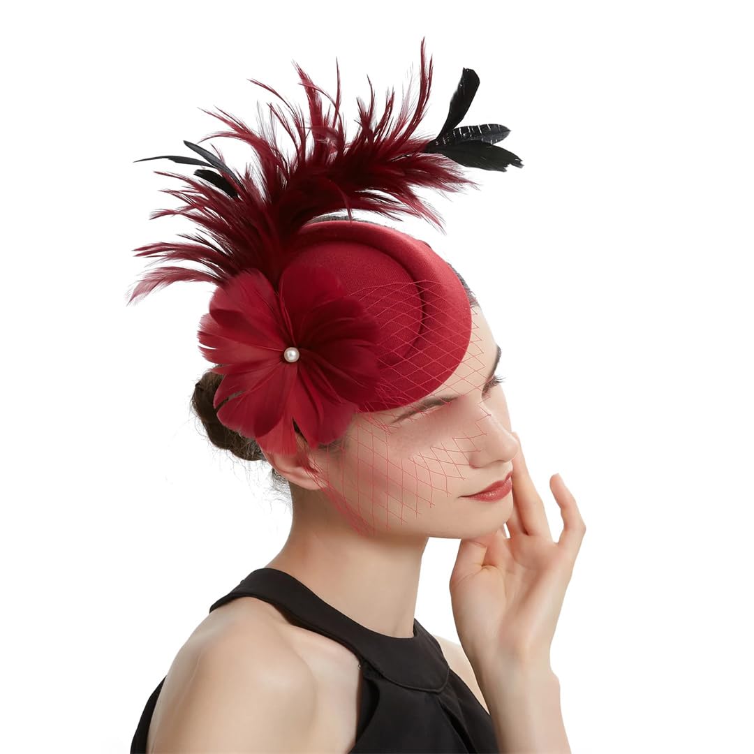 FBHappiness Feather Flower Fascinator Hat With Veil Mesh Bridal Wedding Headband With Clip Tea Party Headwear For Women