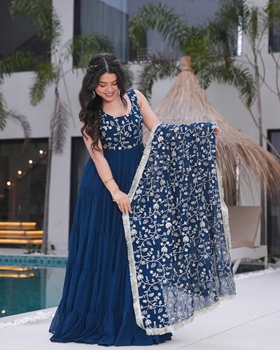 Image of FOXDX Design a New Fuax Georgette Sleeveless Anarkali Gown with Dupatta 2 Peice Pair for Women | 7 mtr Gown Flair | 54 inch Gown Length