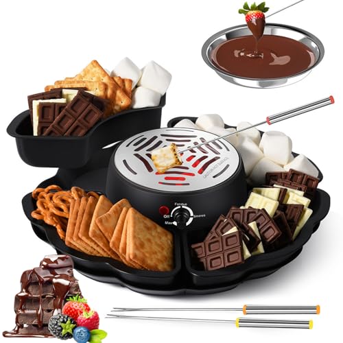 Kit de fondue de chocolate, juego 2 en 1 con 4 bandejas desmontables, 4 tenedores para asar, temperatura ajustable, cuenco de 340 ml, protección contra sobrecalentamiento, ideal para fiestas de