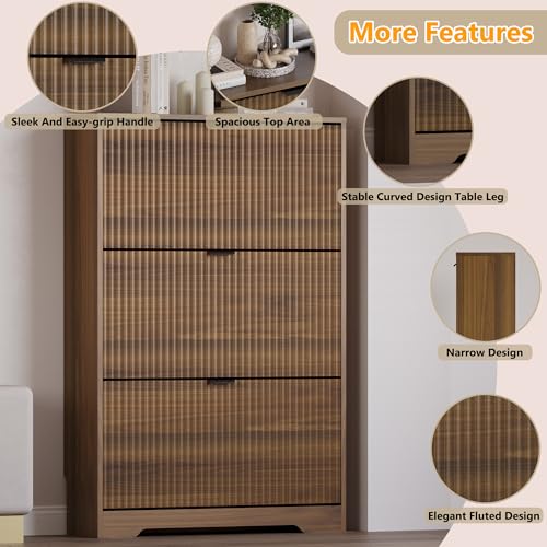 Image of BORNOON Entryway Shoe Cabinet with 3 Flip Drawers, Narrow Shoe Organizer Cabinet with Fluted Panel and Adjustable Shelves for Foyer, Hallway