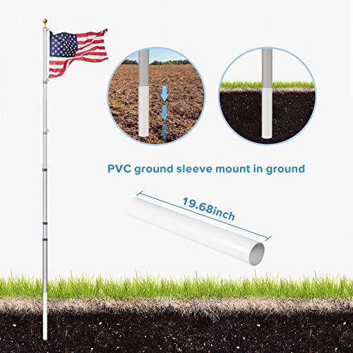 Elevens 20ft Telescoping Flag Pole Kit, Heavy Duty Aluminum Telescopic Flagpole for Outside in Ground with American Flag and Ornament Ball for Yard, Residential or Commercial, Silver