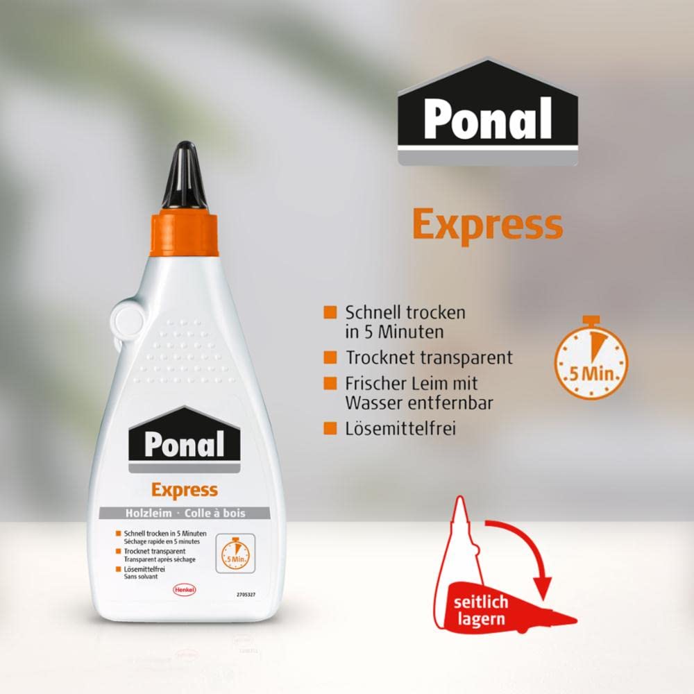 Ponal Express Holzleim, transparent und schnell trocknender Holzkleber für vielseitige Verleimungs- & Bastelarbeiten, wasserfester Leim in praktischer Flasche, 3x550g