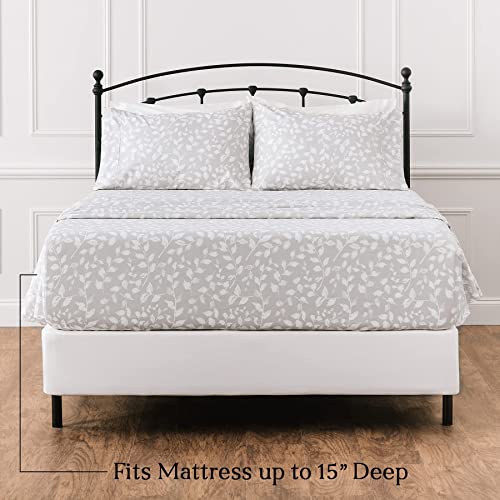 Chanasya Printed Queen Bed Sheet Set 4-Piece - Ultra Soft Floral Leaves Print - 1 Flat Sheet 1 Fitted Sheet 2 Pillowcases - Wrinkle Fade Stain Resistant Hypoallergenic Microfiber Sheets - Gray - Queen #TOP6