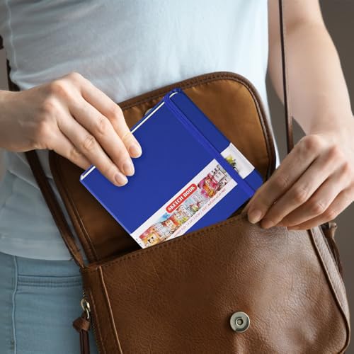 Image of 5x5 Pocket Sketch Book,80gsm Hardcover Art Sketchbook for Drawing Journal | PU Cover,Blank Paper,96Sheets /192Pages,Lay-Flat,Portable Travel Creation Paint Diary Memo Planner,Dry Media.Sapphire Blue