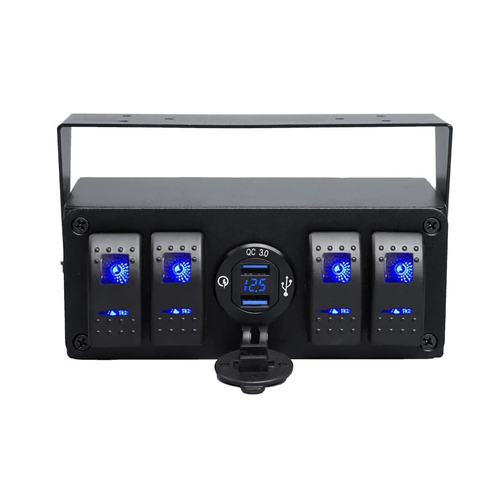 Riloer 4 Gang Rocker Lice Switch Pannello con 4,8A USB Quick Charge/Carica rapida 3,0 Voltmetro USB Caricatore per camion per barche marine 12V-24 V, pannello di controllo a 4 gruppi