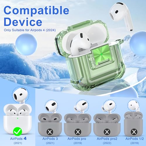 RFUNGUANGO AirPods 4 Case Clear with Lock Cleaning Kit, Lanyard & Keychain, Support Wireless Charging, Compatible with Apple AirPods 4 Case (2024) for Women Girl, Transparent Green — view 2
