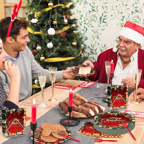 100 Pcs Merry Christmas Party Supplies - Serves 25, Red Green Holiday Disposable Tableware, Includes Paper Plates, Napkins, and Plastic Forks for Xmas Dinner, Winter Celebrations, Seasonal Decorations – Image 5