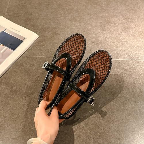 Women's Mesh Ballet Flats Fishnet Ballerina Buckled Straps Mesh Mary Jane Flat Casual Low Heels4
