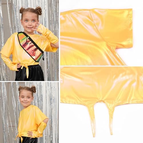 Image of Perfashion Girls Metallic Shirts Shiny Tie Front Knot Crop Top with Arm Sleeves for Dancing Raves Festivals 4-15 Years