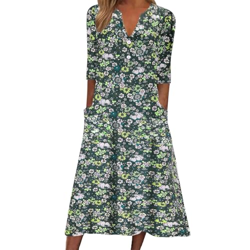 Vestido De Mujer Verano 2026 Casual Rayas Cuello En Manga Corta Bolsillo Largo Vacaciones Algodón Ropa Básica Moda(Green,L)