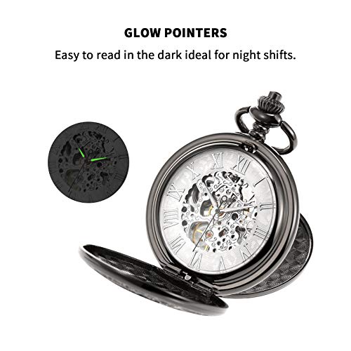 Image of TREEWETO Men's Mechanical Skeleton Pocket Watch for Mens Women Blue Roman Numerals Dial Double Case Pocket Watches